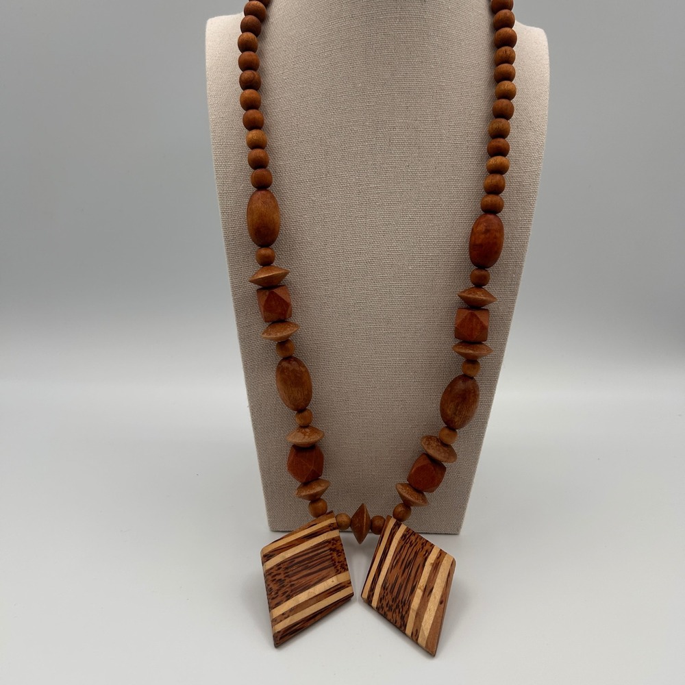 Vintage Boho Natural Wood Beaded Necklace Stripe Geometric Pendant Statement 24"